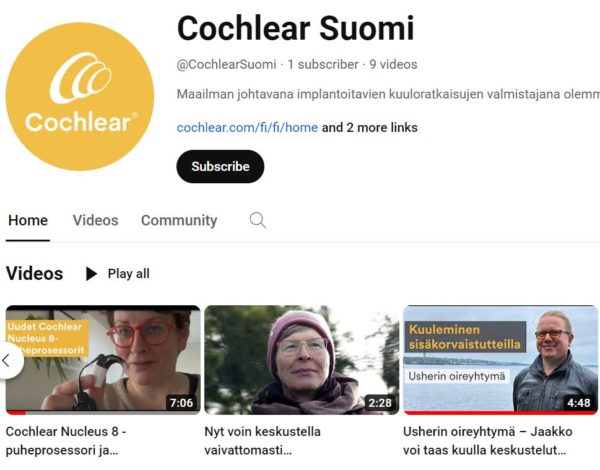 Katso videoita käyttäjistämme Cochlear Suomi YouTube-kanavalla